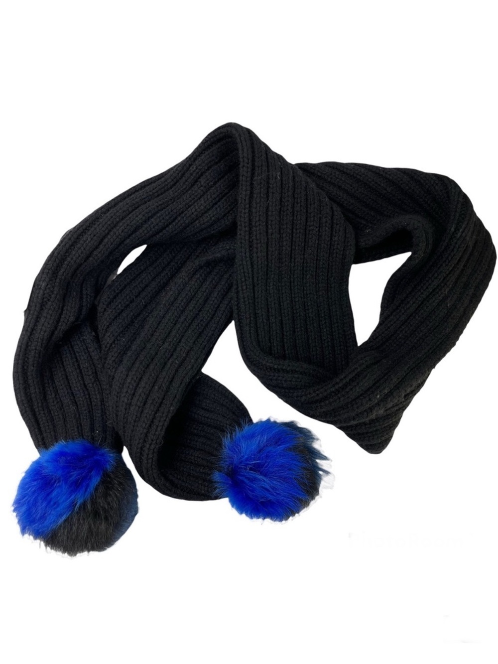 UGG Cable Knit Scarf With Shearling Fur Pom Pom NEW With Tag Black Blue